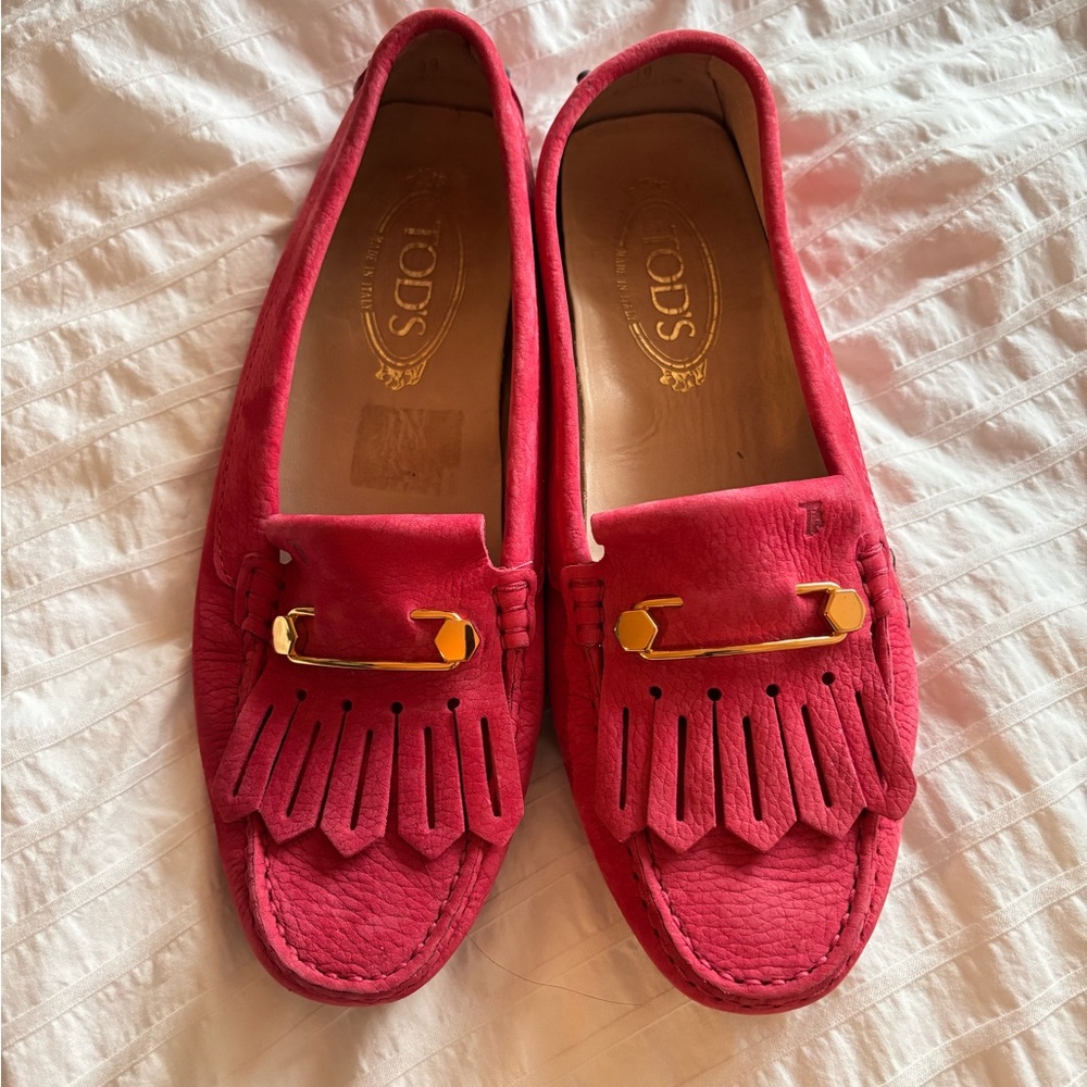 Tod’s Red Suede Fringe Loafers with Gold Safety Pin Detail